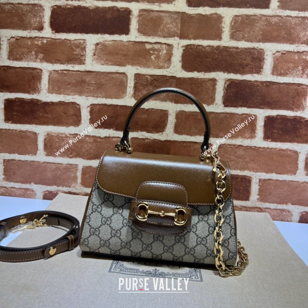 Gucci Horsebit 1955 Leather and GG Canvas Small Top Handle Bag 703848 Beige/Brown 2025 (DLH-250630110)
