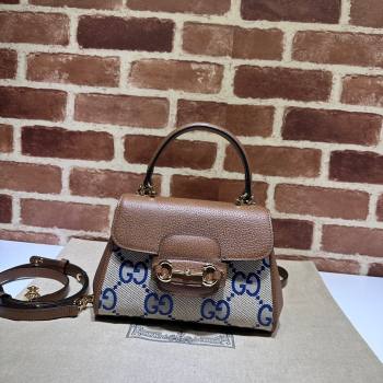 Gucci Horsebit 1955 Leather and Maxi GG Canvas Small Top Handle Bag 703848 Brown/Blue 2025 (DLH-250630113)