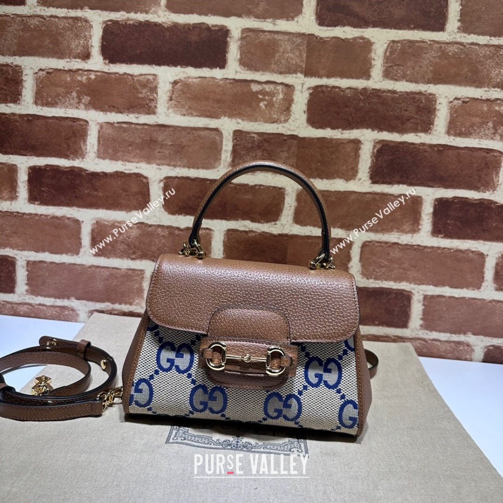 Gucci Horsebit 1955 Leather and Maxi GG Canvas Small Top Handle Bag 703848 Brown/Blue 2025 (DLH-250630113)