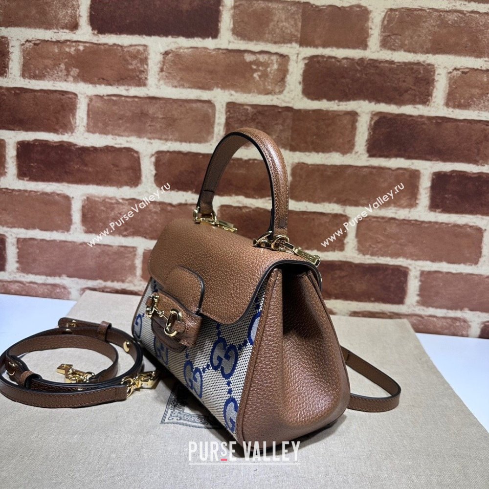 Gucci Horsebit 1955 Leather and Maxi GG Canvas Small Top Handle Bag 703848 Brown/Blue 2025 (DLH-250630113)