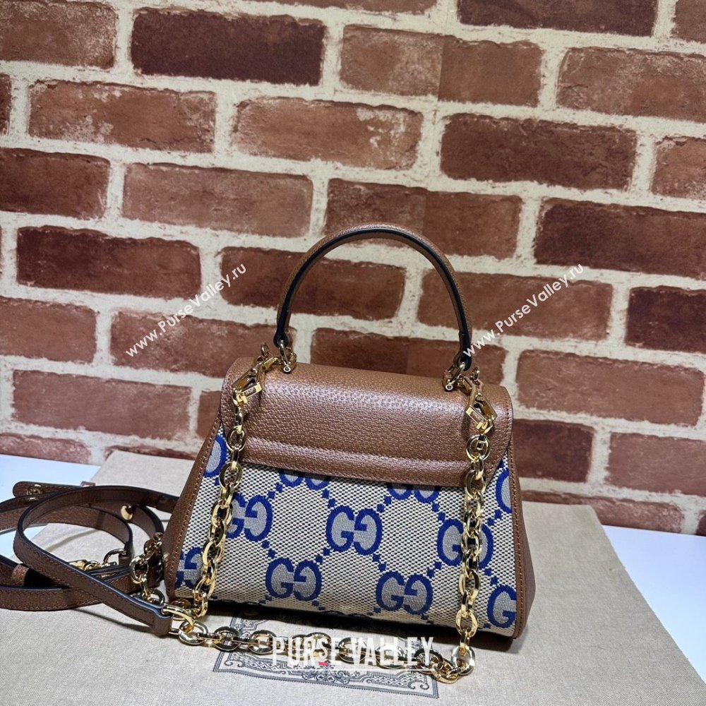Gucci Horsebit 1955 Leather and Maxi GG Canvas Small Top Handle Bag 703848 Brown/Blue 2025 (DLH-250630113)