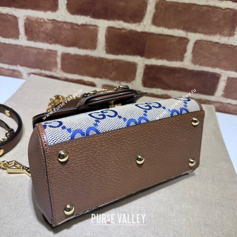 Gucci Horsebit 1955 Leather and Maxi GG Canvas Small Top Handle Bag 703848 Brown/Blue 2025 (DLH-250630113)