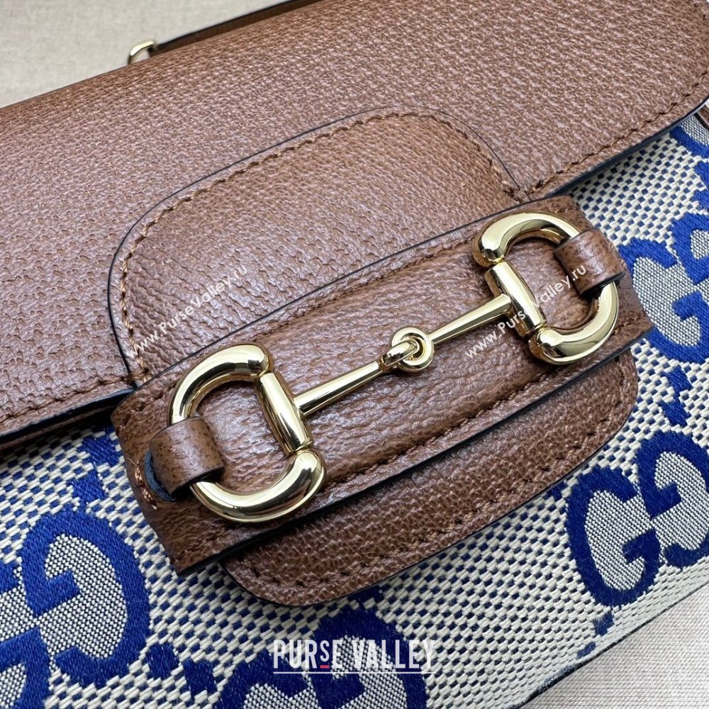 Gucci Horsebit 1955 Leather and Maxi GG Canvas Small Top Handle Bag 703848 Brown/Blue 2025 (DLH-250630113)