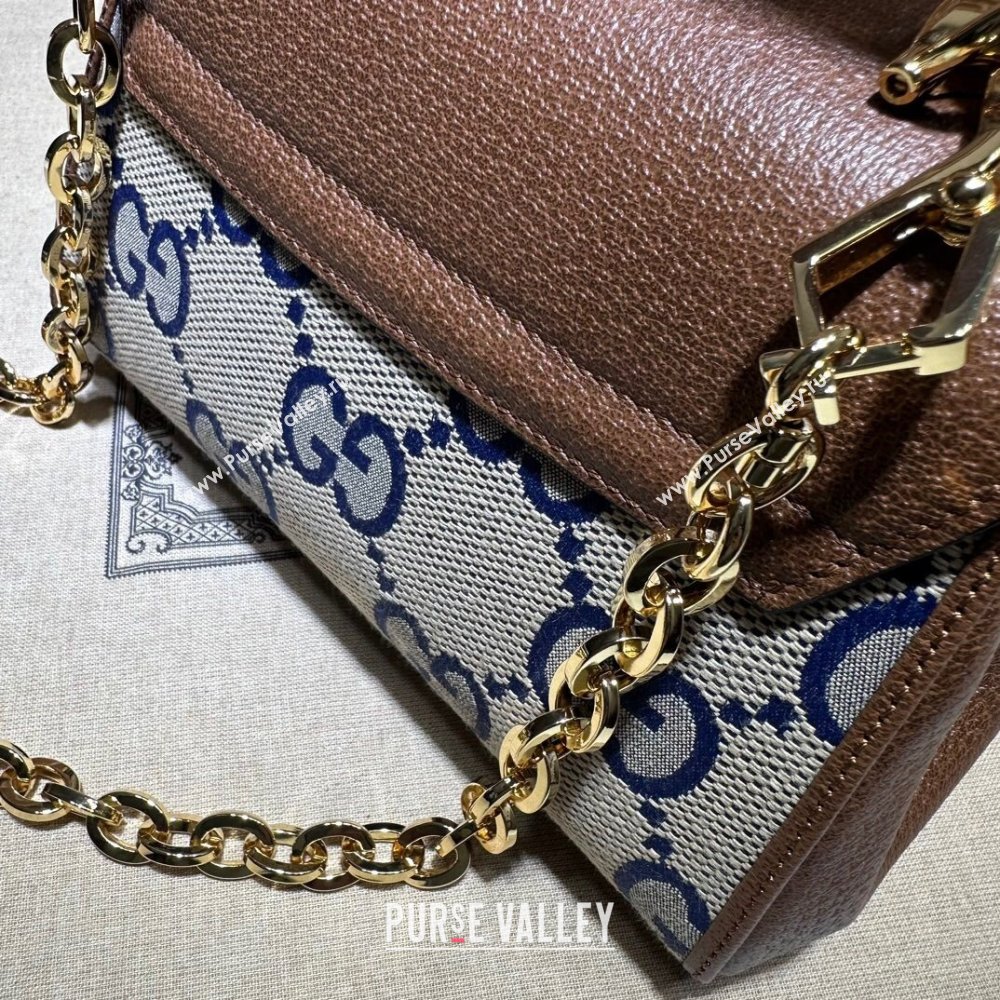 Gucci Horsebit 1955 Leather and Maxi GG Canvas Small Top Handle Bag 703848 Brown/Blue 2025 (DLH-250630113)