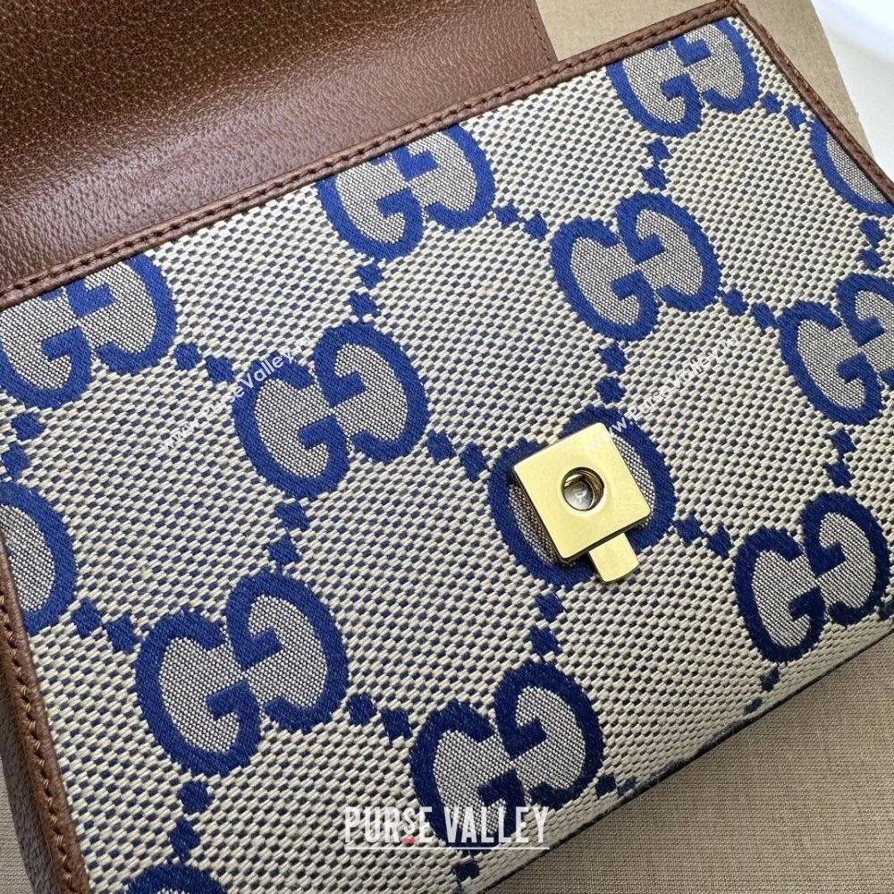 Gucci Horsebit 1955 Leather and Maxi GG Canvas Small Top Handle Bag 703848 Brown/Blue 2025 (DLH-250630113)