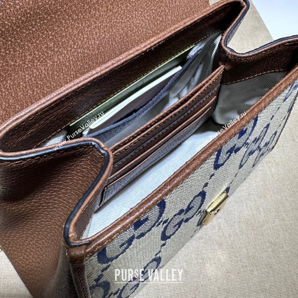 Gucci Horsebit 1955 Leather and Maxi GG Canvas Small Top Handle Bag 703848 Brown/Blue 2025 (DLH-250630113)
