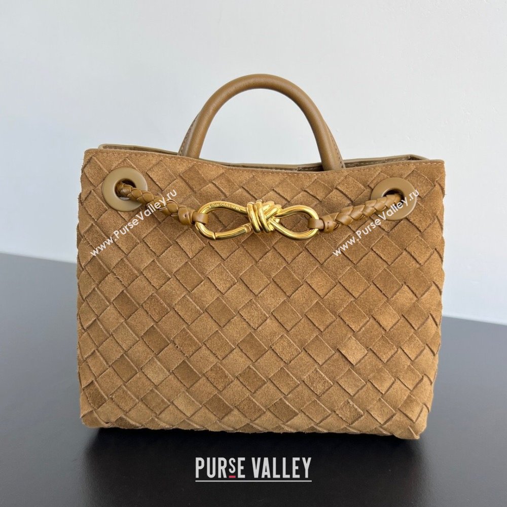 Bottega Veneta Small Andiamo Top Handle Bag in Intrecciato Suede 743568 Taupe Brown 2025 0731 (WT-250731038)