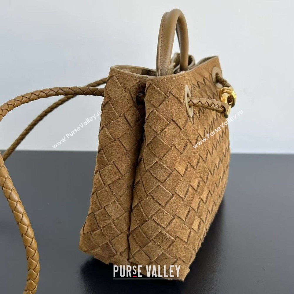 Bottega Veneta Small Andiamo Top Handle Bag in Intrecciato Suede 743568 Taupe Brown 2025 0731 (WT-250731038)