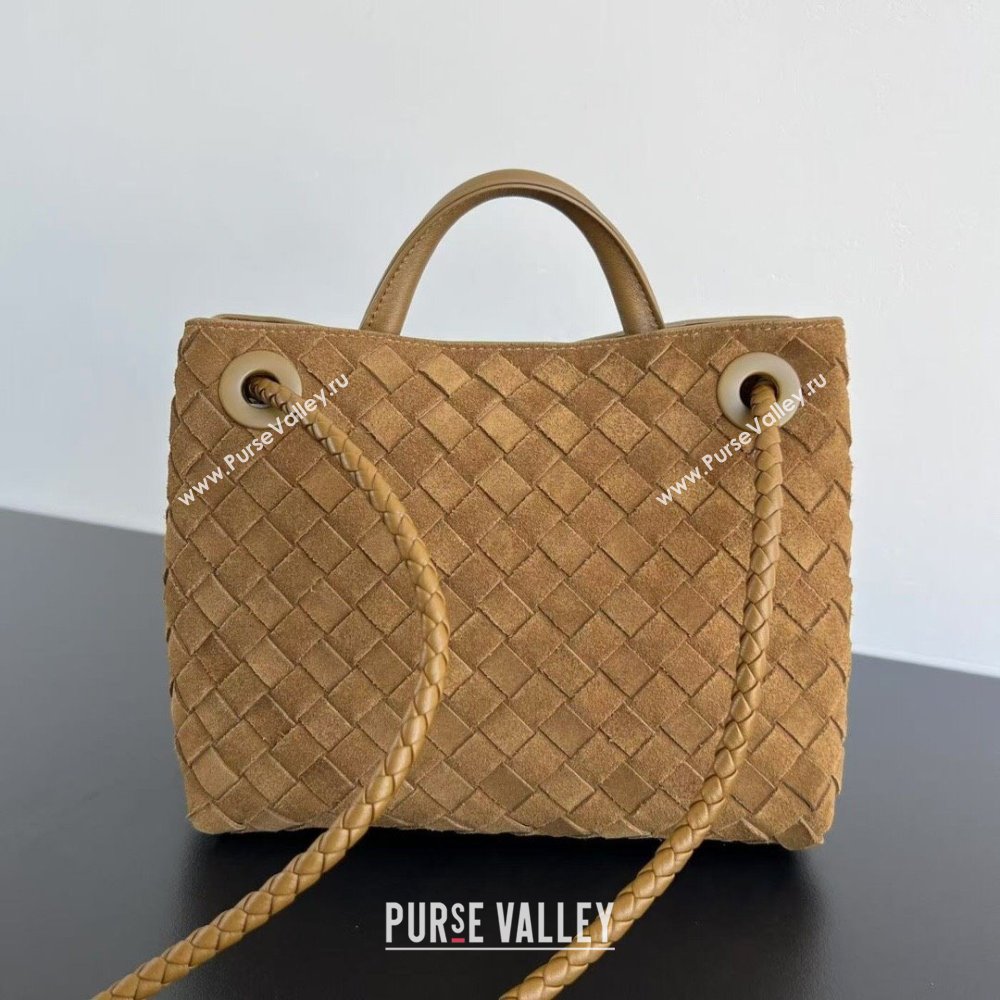 Bottega Veneta Small Andiamo Top Handle Bag in Intrecciato Suede 743568 Taupe Brown 2025 0731 (WT-250731038)