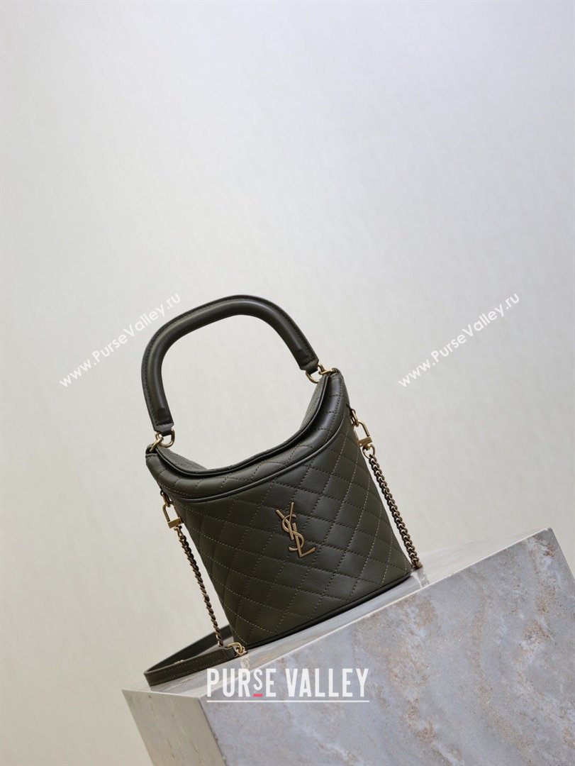 Saint Laurent Gaby Bucket Bag in Quilted Lambskin Green 2026 763961 (MHUI-260407022)