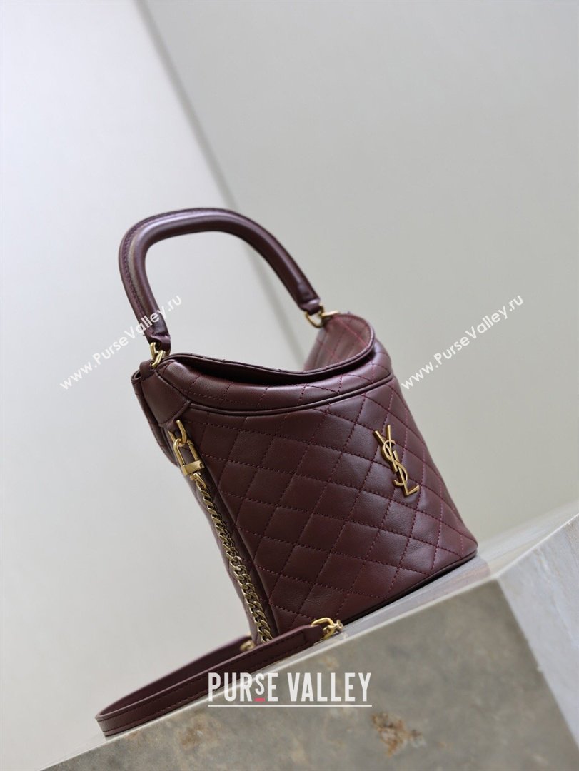 Saint Laurent Gaby Bucket Bag in Quilted Lambskin Burgundy 2026 763961 (MHUI-260407021)