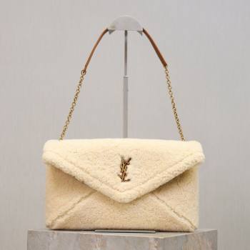 Saint Laurent Cassandre Large Envelope Pouch in Shearling with Chain White 2025 769307 (YY-260119089)
