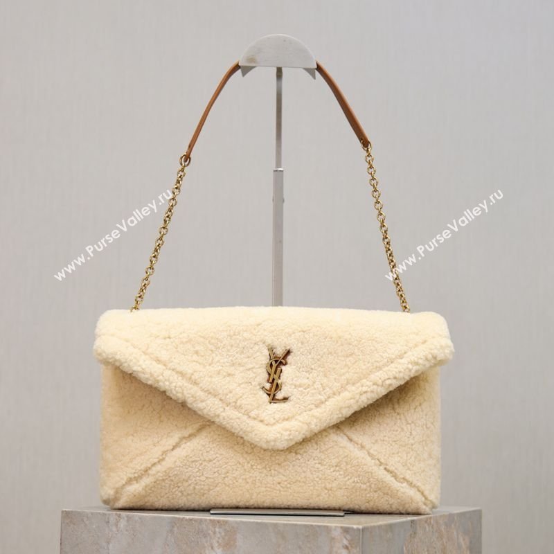 Saint Laurent Cassandre Large Envelope Pouch in Shearling with Chain White 2025 769307 (YY-260119089)