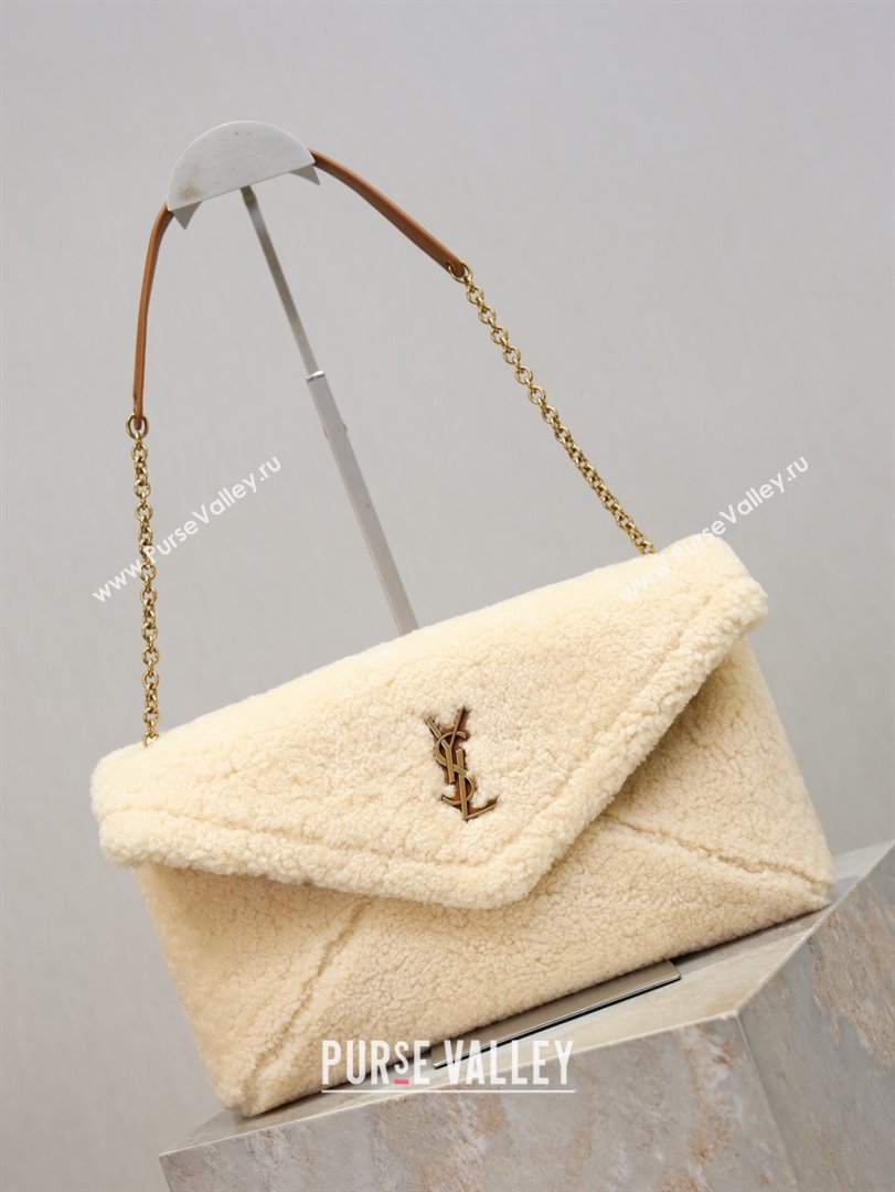 Saint Laurent Cassandre Large Envelope Pouch in Shearling with Chain White 2025 769307 (YY-260119089)