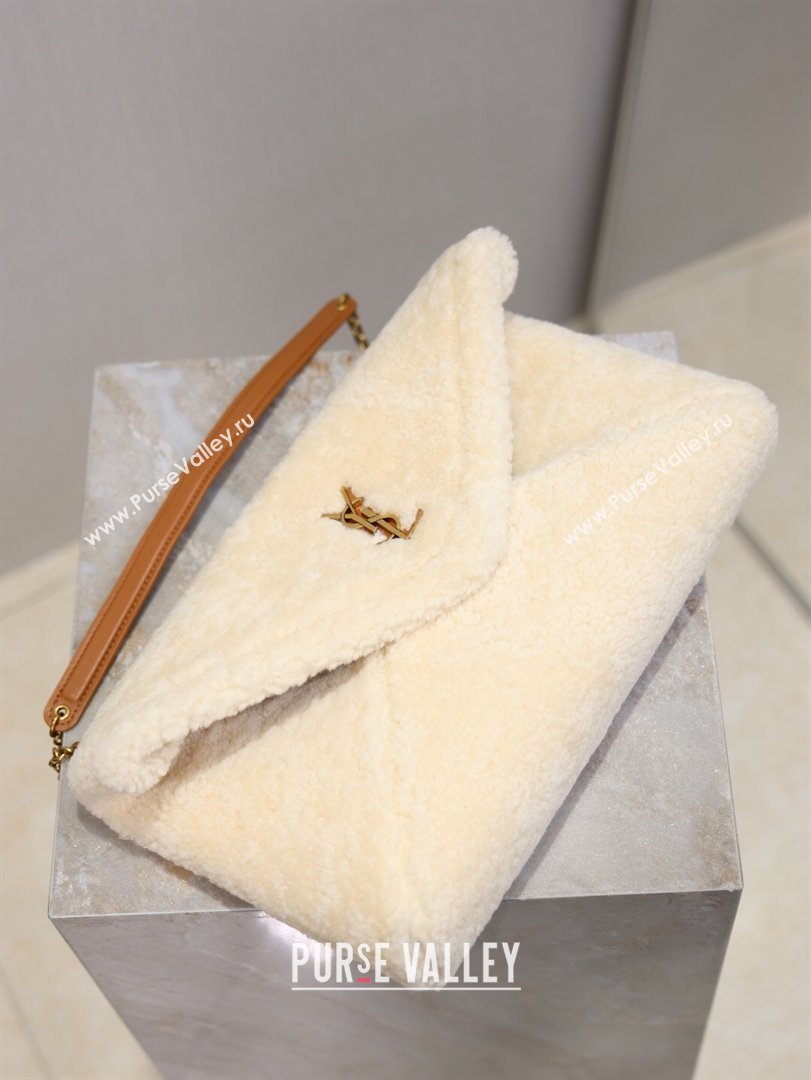 Saint Laurent Cassandre Large Envelope Pouch in Shearling with Chain White 2025 769307 (YY-260119089)