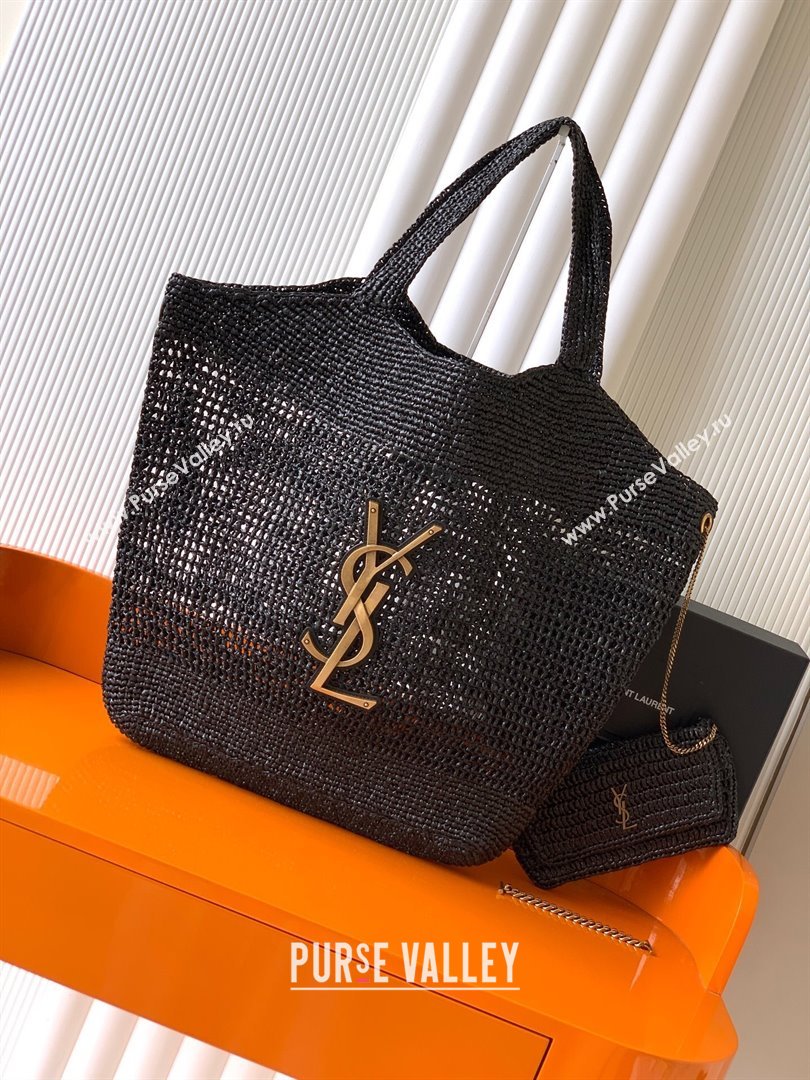Saint Laurent Icare Tote Bag in Raffia Straw Black 2025 772191 (YY-250801116)