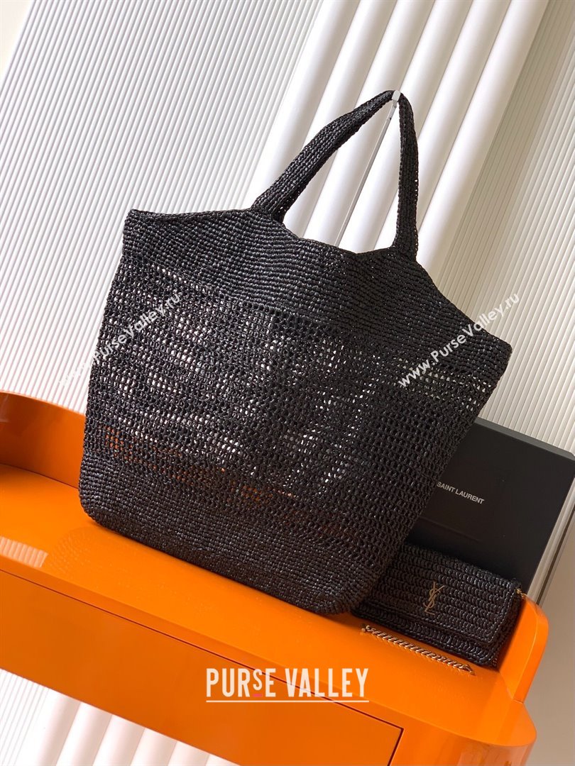 Saint Laurent Icare Tote Bag in Raffia Straw Black 2025 772191 (YY-250801116)