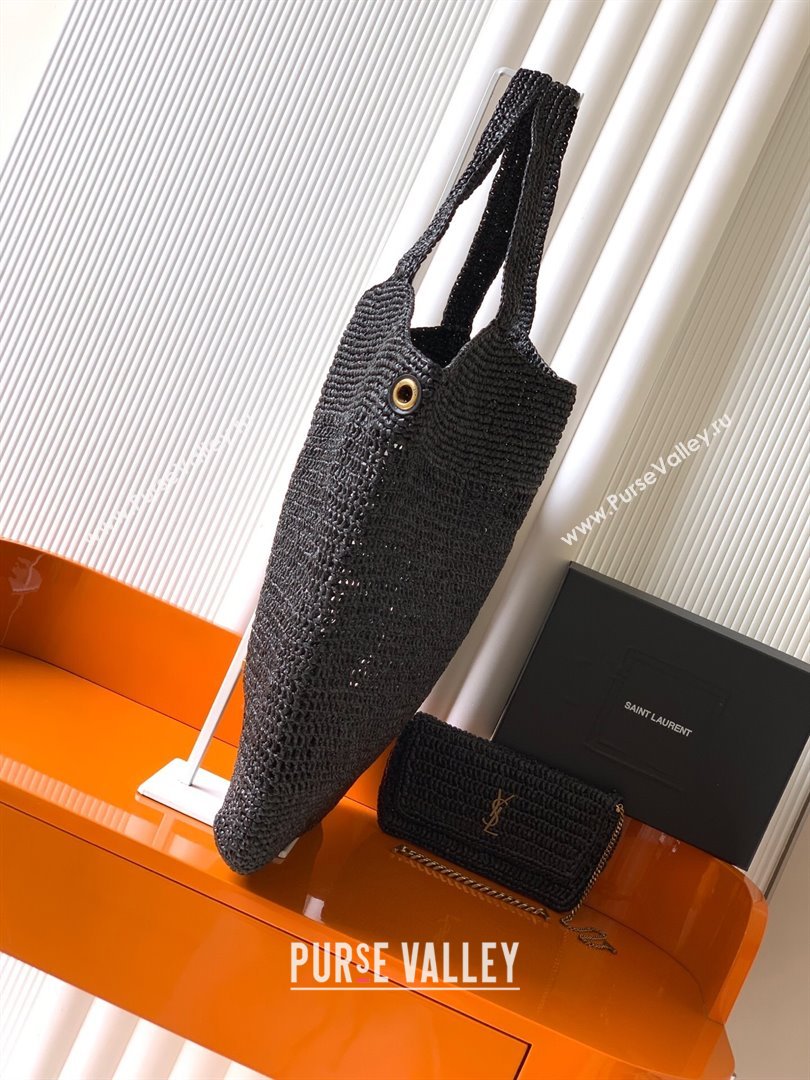 Saint Laurent Icare Tote Bag in Raffia Straw Black 2025 772191 (YY-250801116)