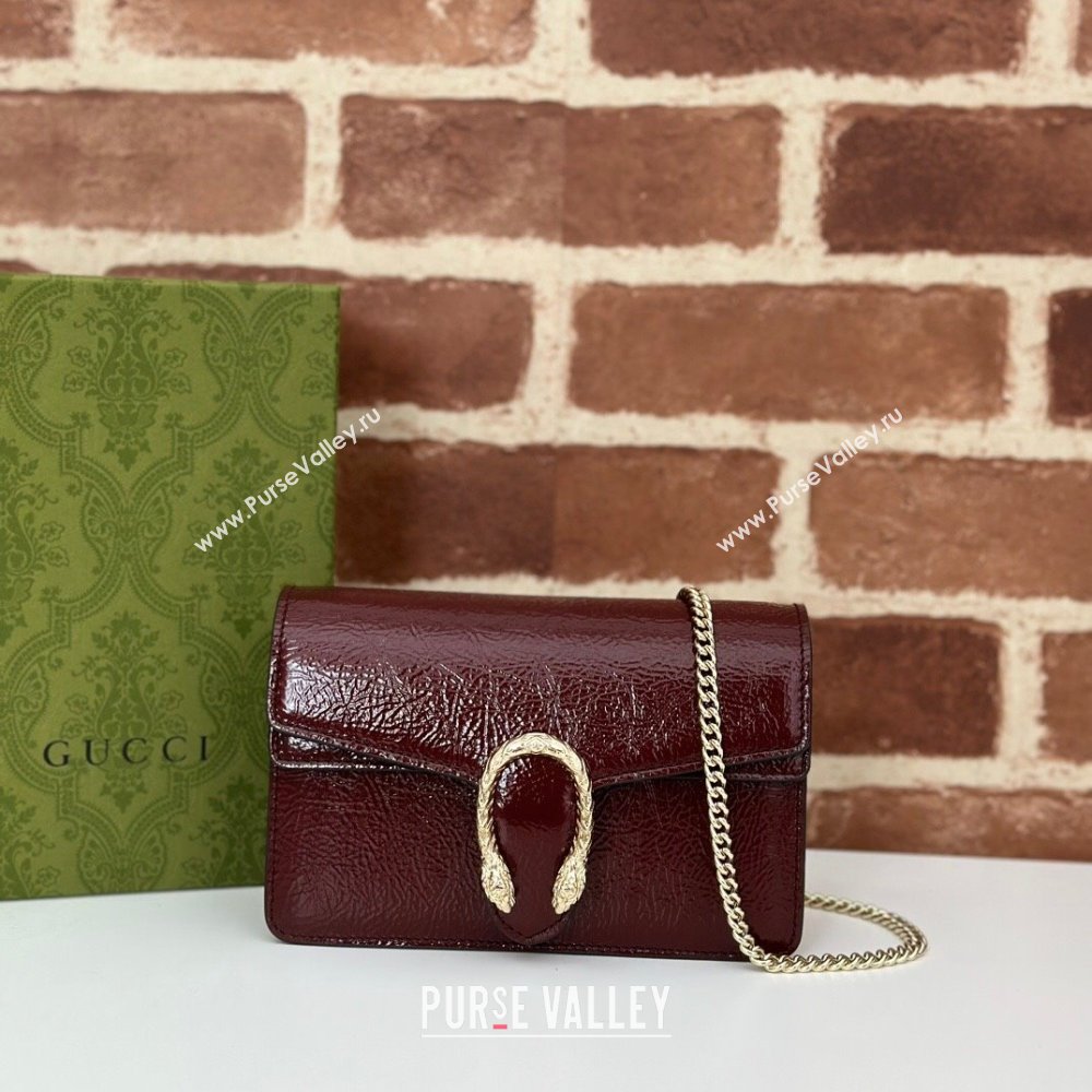 Gucci Dionysus Super Mini Bag in Crinkled Patent Leather Burgundy 2024 795368 (DLH-240625004)