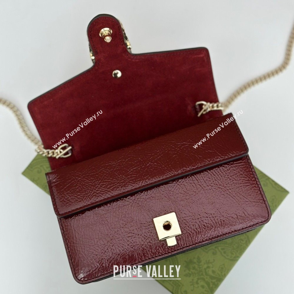 Gucci Dionysus Super Mini Bag in Crinkled Patent Leather Burgundy 2024 795368 (DLH-240625004)