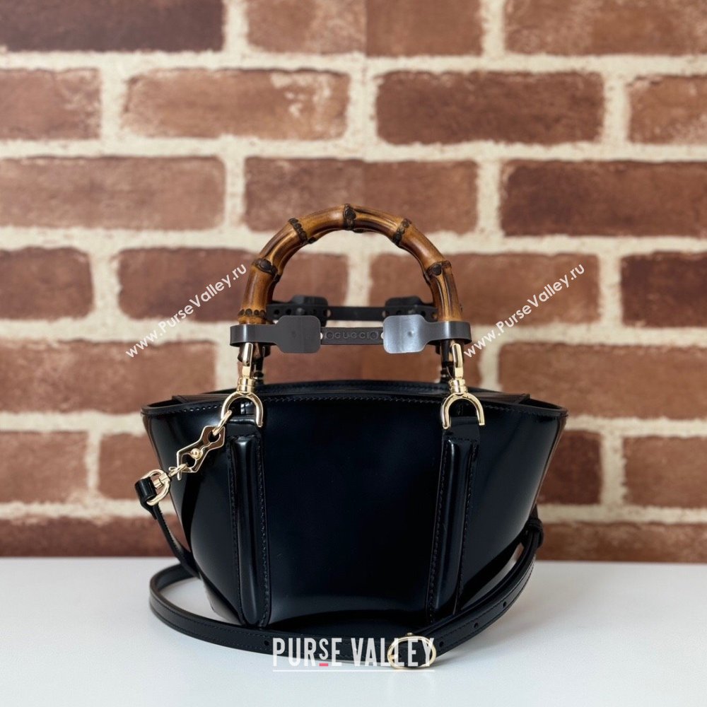 Gucci Mini Bamboo Top Handle Tote Bag in Shiny Leather Black 2024 805832 (DLH-241211062)