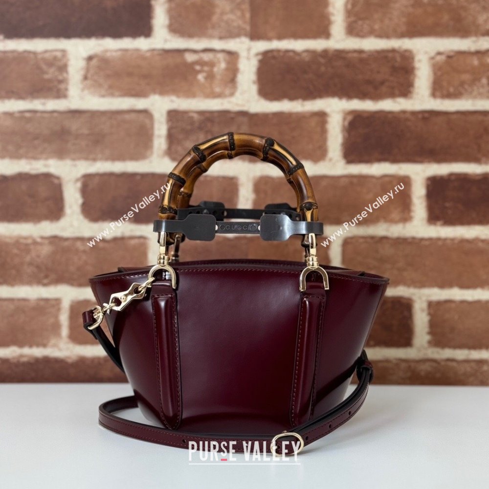 Gucci Mini Bamboo Top Handle Tote Bag in Shiny Leather Ancora Red 2024 805832 (DLH-241211063)