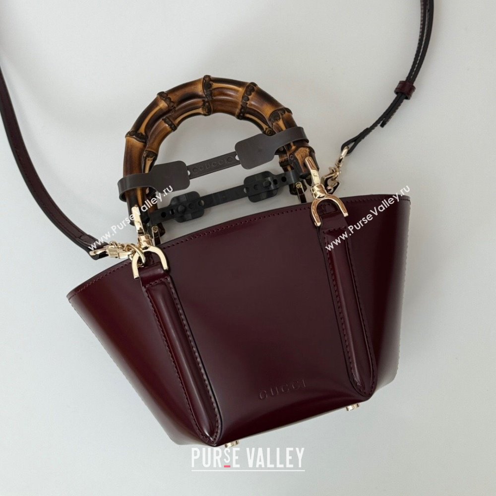 Gucci Mini Bamboo Top Handle Tote Bag in Shiny Leather Ancora Red 2024 805832 (DLH-241211063)