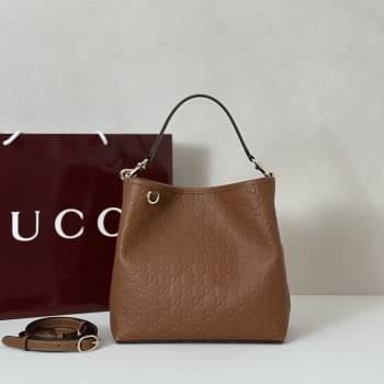 Gucci GG Leather Emblem Medium Bucket Bag Brown 2026 815103 (DLH-260127085)