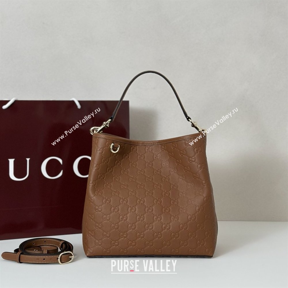 Gucci GG Leather Emblem Medium Bucket Bag Brown 2026 815103 (DLH-260127085)