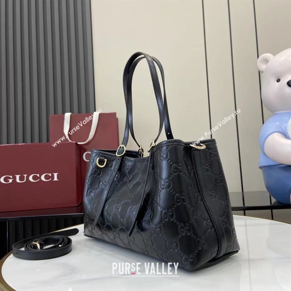 Gucci GG Leather Emblem Medium Tote Bag Black 2025 815214 (XLU-250807071)