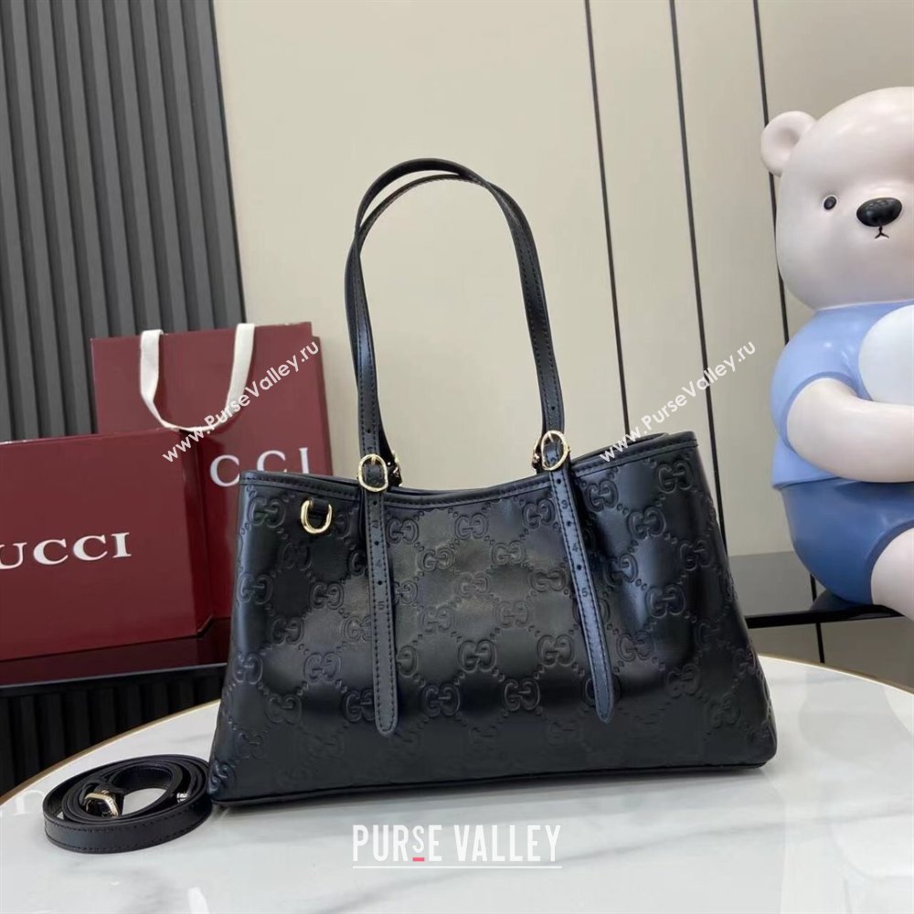 Gucci GG Leather Emblem Medium Tote Bag Black 2025 815214 (XLU-250807071)