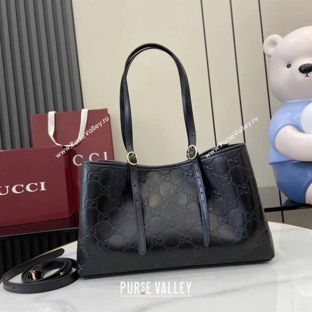Gucci GG Leather Emblem Medium Tote Bag Black 2025 815214 (XLU-250807071)