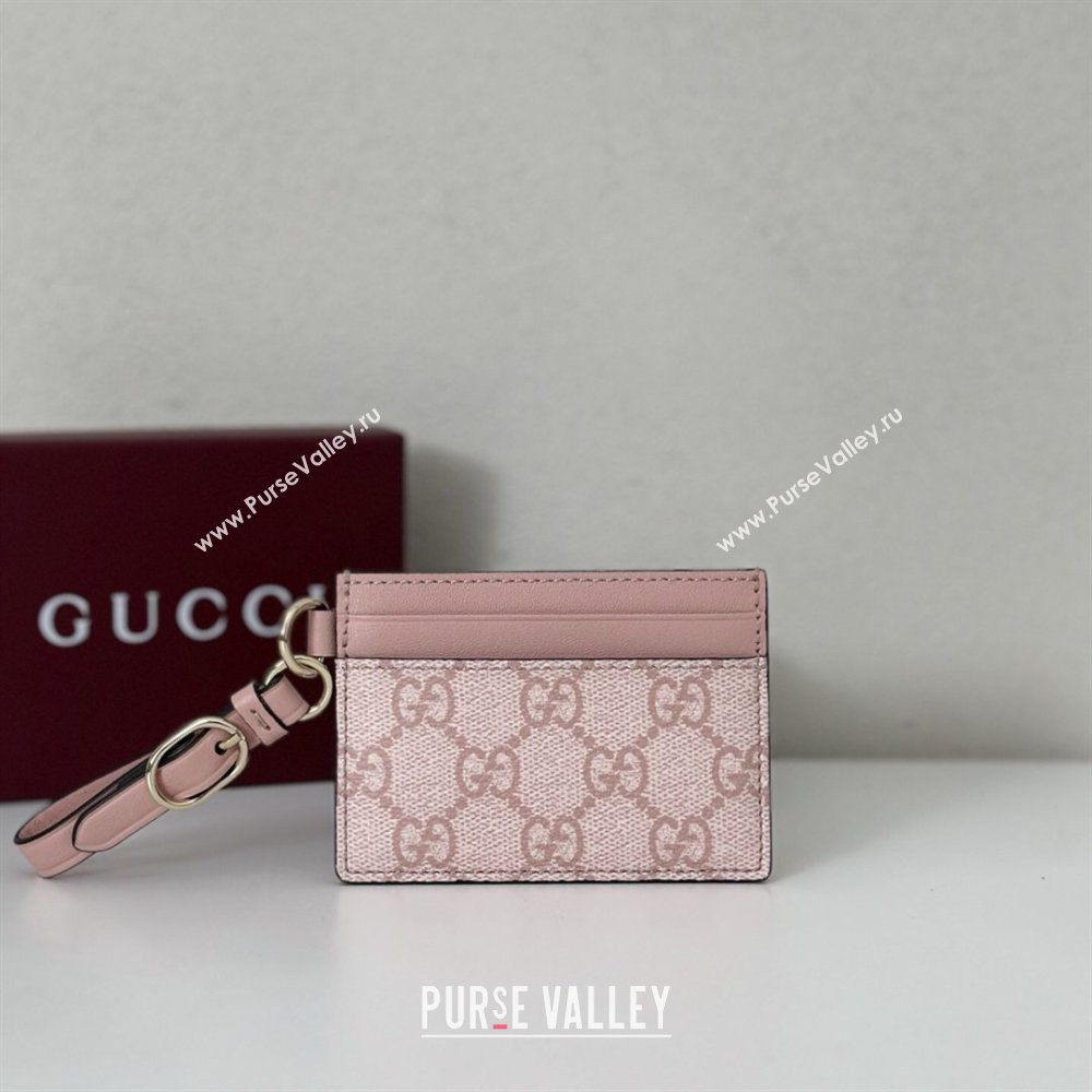 Gucci GG Canvas Emblem Card Case Wallet with Strap Light Pink 2026 819121 (DLH-260128005)