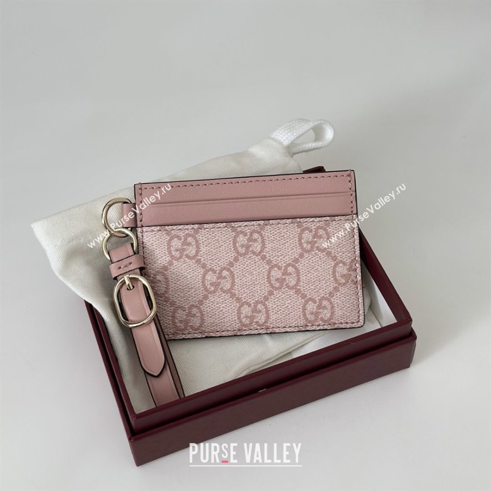 Gucci GG Canvas Emblem Card Case Wallet with Strap Light Pink 2026 819121 (DLH-260128005)