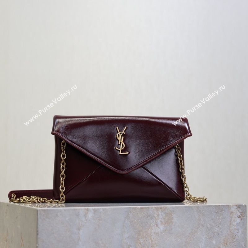 Saint Laurent Cassandre Chain Clutch in Shiny Leather Dark Burgundy 2025 819271 (YY-260119083)
