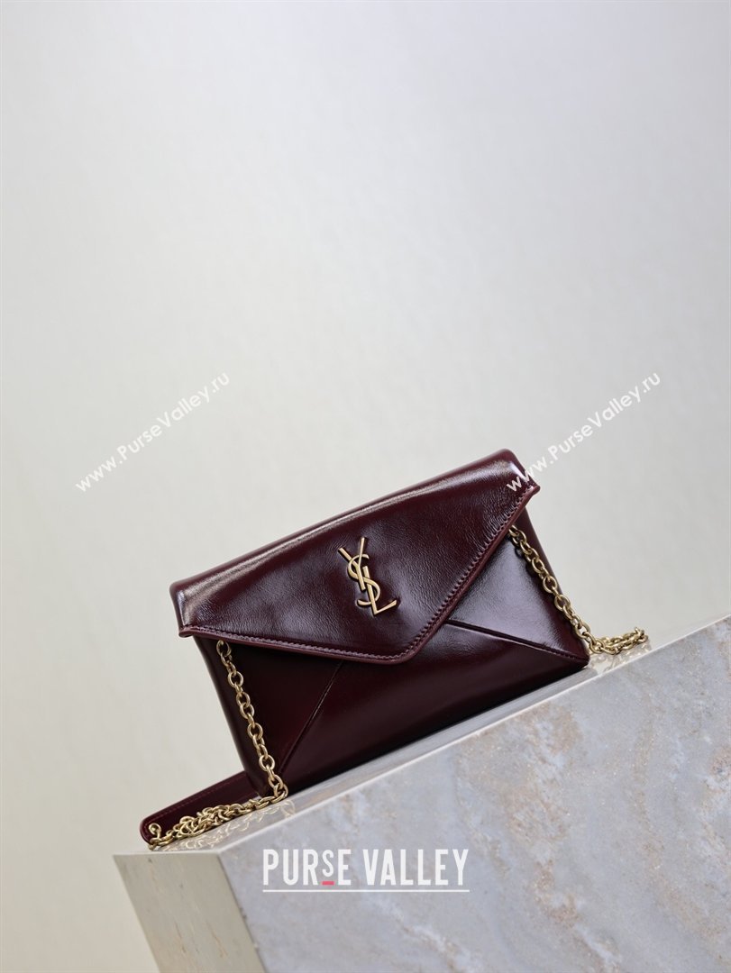 Saint Laurent Cassandre Chain Clutch in Shiny Leather Dark Burgundy 2025 819271 (YY-260119083)
