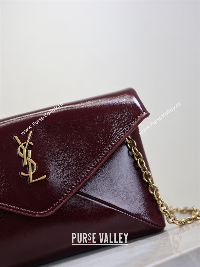 Saint Laurent Cassandre Chain Clutch in Shiny Leather Dark Burgundy 2025 819271 (YY-260119083)