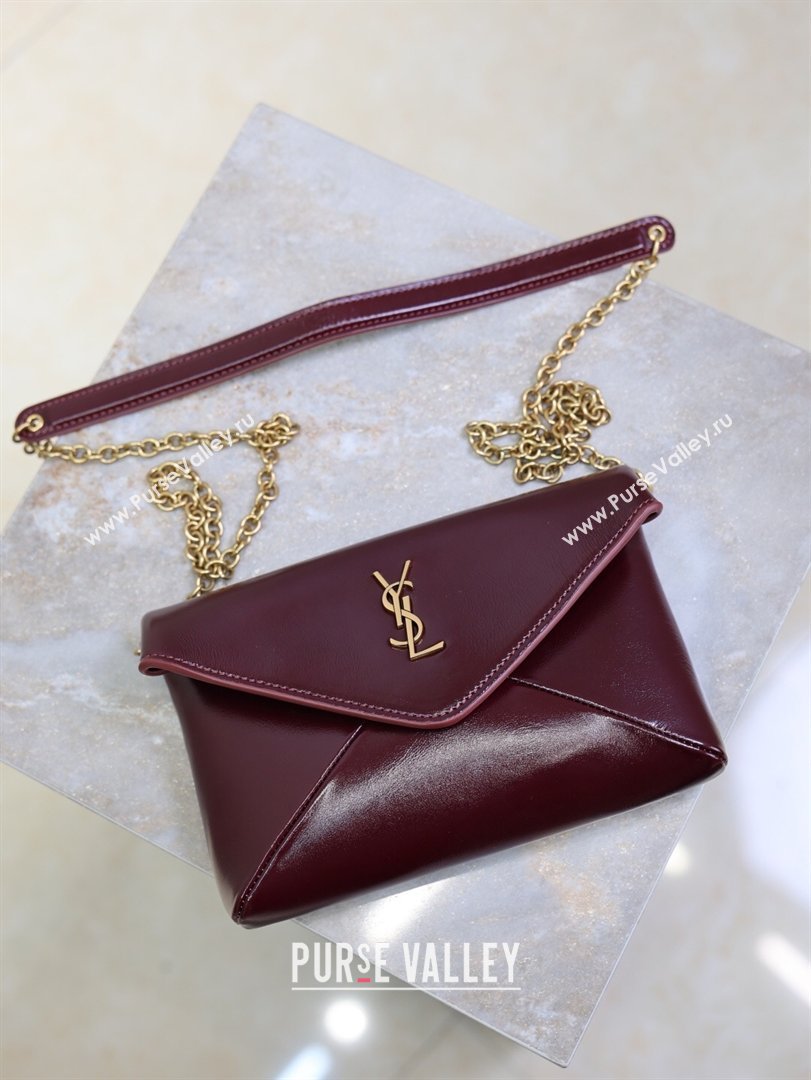 Saint Laurent Cassandre Chain Clutch in Shiny Leather Dark Burgundy 2025 819271 (YY-260119083)