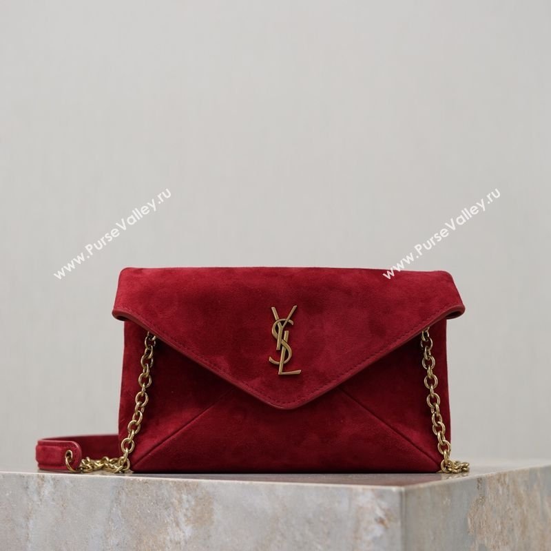 Saint Laurent Cassandre Chain Clutch in Suede Red 2025 819271 (YY-260119082)
