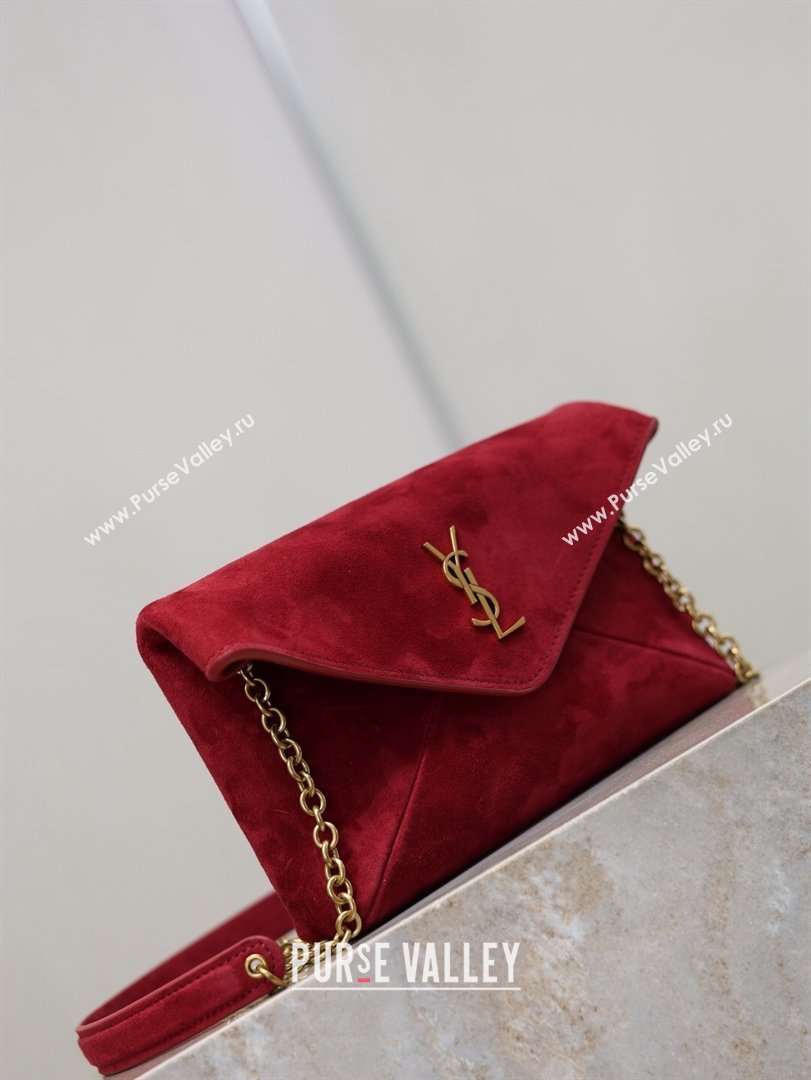 Saint Laurent Cassandre Chain Clutch in Suede Red 2025 819271 (YY-260119082)