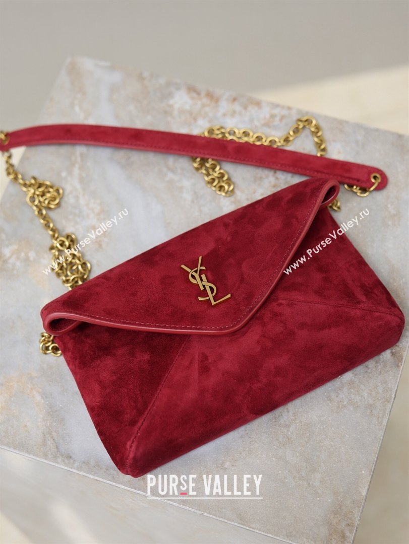 Saint Laurent Cassandre Chain Clutch in Suede Red 2025 819271 (YY-260119082)