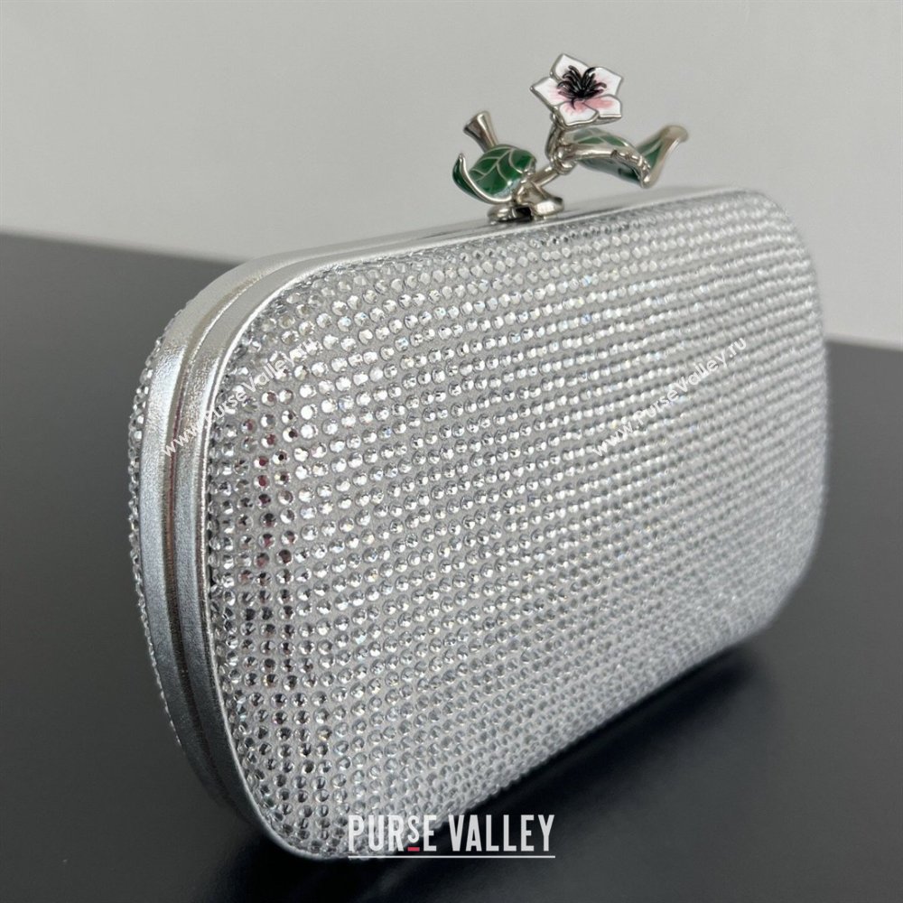 Bottega Veneta Knot Clutch with Flower Clasp in Suede and Crystals Silver 2026 844122 (WT-260401073)