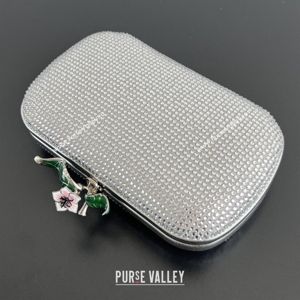 Bottega Veneta Knot Clutch with Flower Clasp in Suede and Crystals Silver 2026 844122 (WT-260401073)