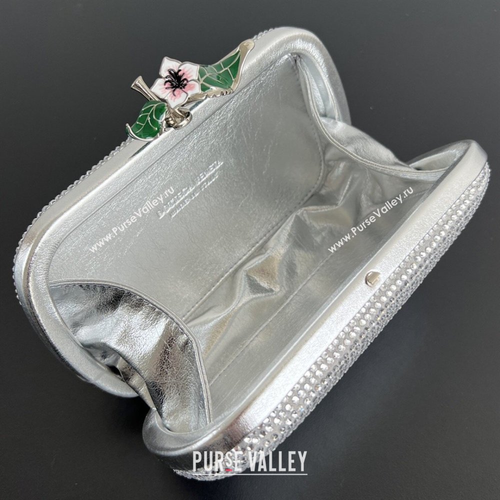 Bottega Veneta Knot Clutch with Flower Clasp in Suede and Crystals Silver 2026 844122 (WT-260401073)