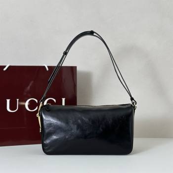 Gucci Half Horsebit medium shoulder bag in Crinkle Patent Leather Black 2026 860787 (DLH-260128045)