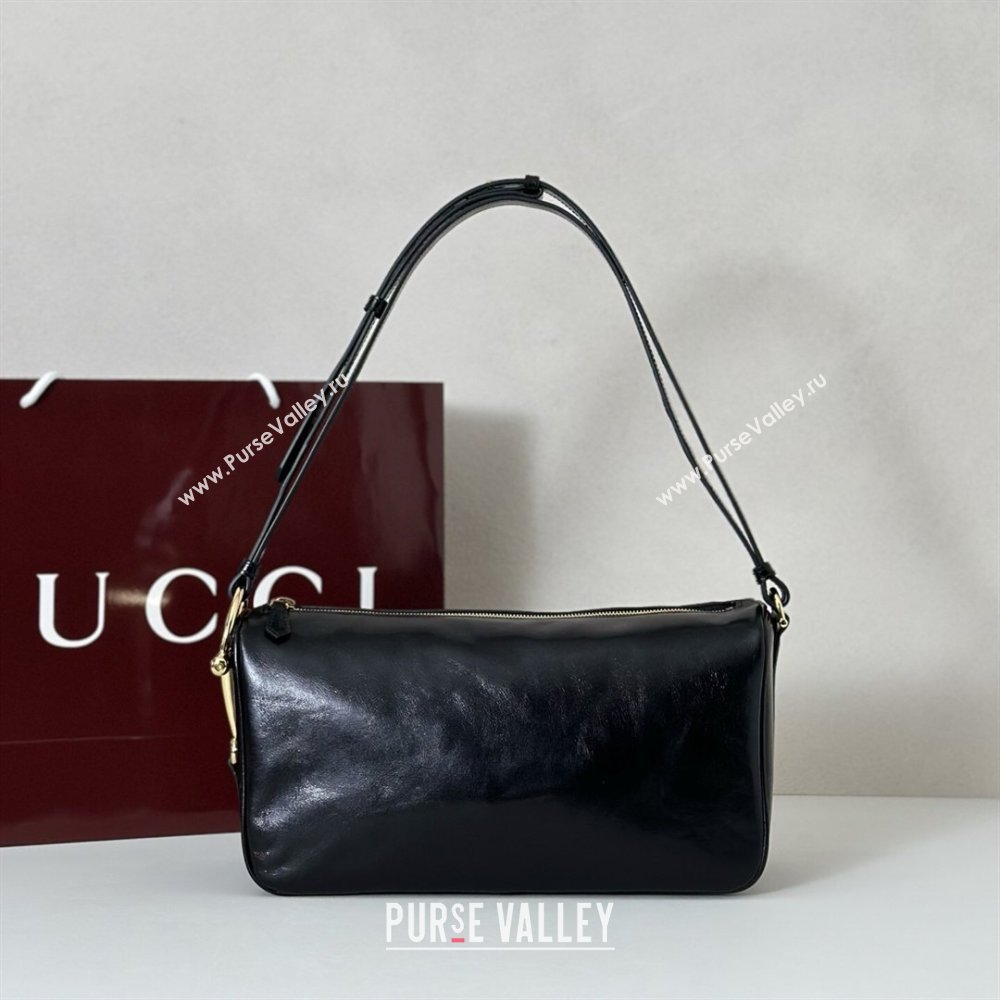 Gucci Half Horsebit medium shoulder bag in Crinkle Patent Leather Black 2026 860787 (DLH-260128045)