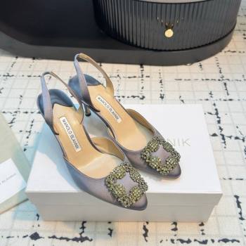 Manolo Blahnik Hangisi Satin Slingback Pumps 7cm with Strass Buckle Dark Grey 2024 (KL-241225040)