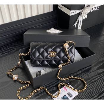 Chanel Shiny Lambskin Flap Phone Holder with Chain AP4284 Black 2024 (yezi-241106108)