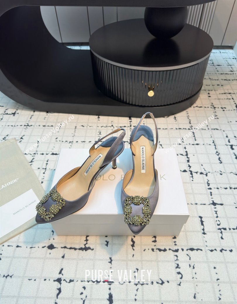 Manolo Blahnik Hangisi Satin Slingback Pumps 7cm with Strass Buckle Dark Grey 2024 (KL-241225040)