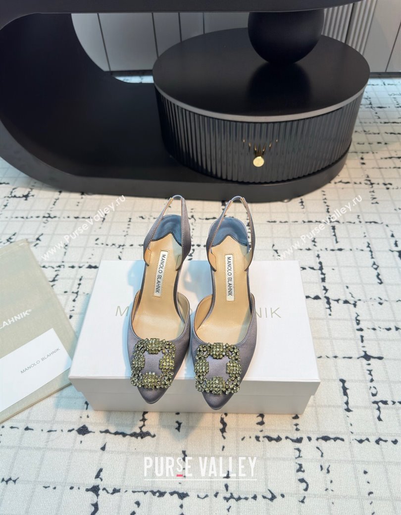 Manolo Blahnik Hangisi Satin Slingback Pumps 7cm with Strass Buckle Dark Grey 2024 (KL-241225040)